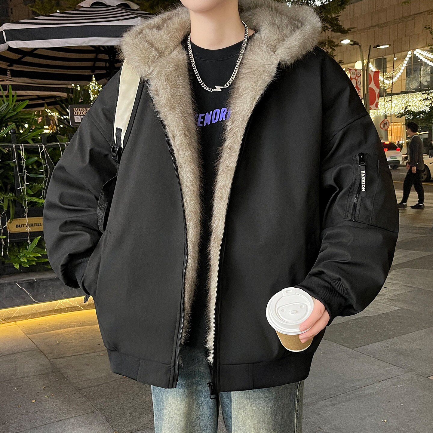 外套男款夹棉秋冬季新款连帽夹克男加厚宽松休闲青少年毛领派克服