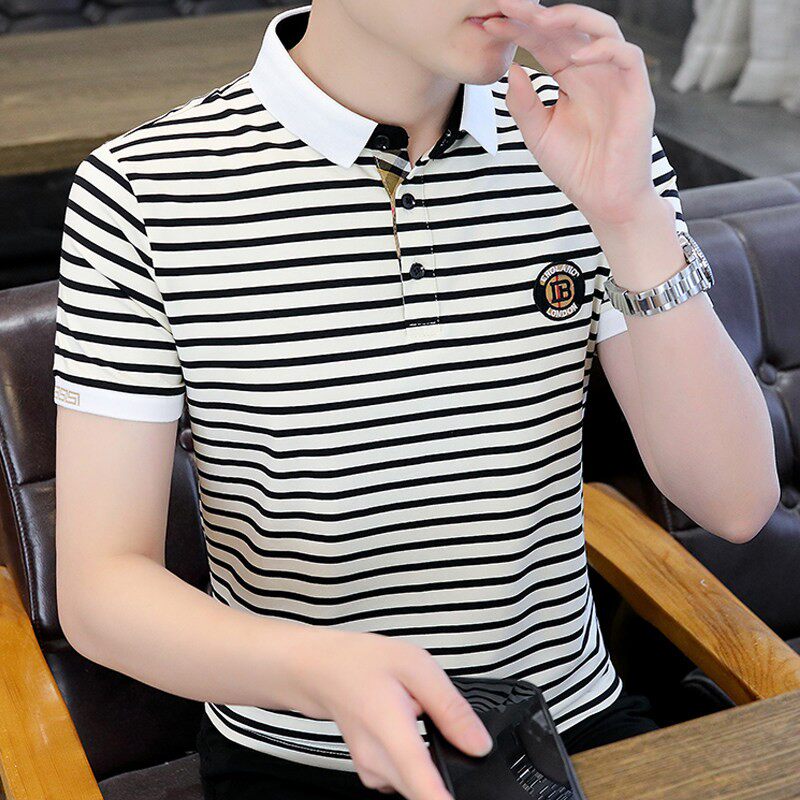 翻领半袖上衣纯棉条纹POLO衫短袖T恤男夏季2026新款潮牌男装衣服