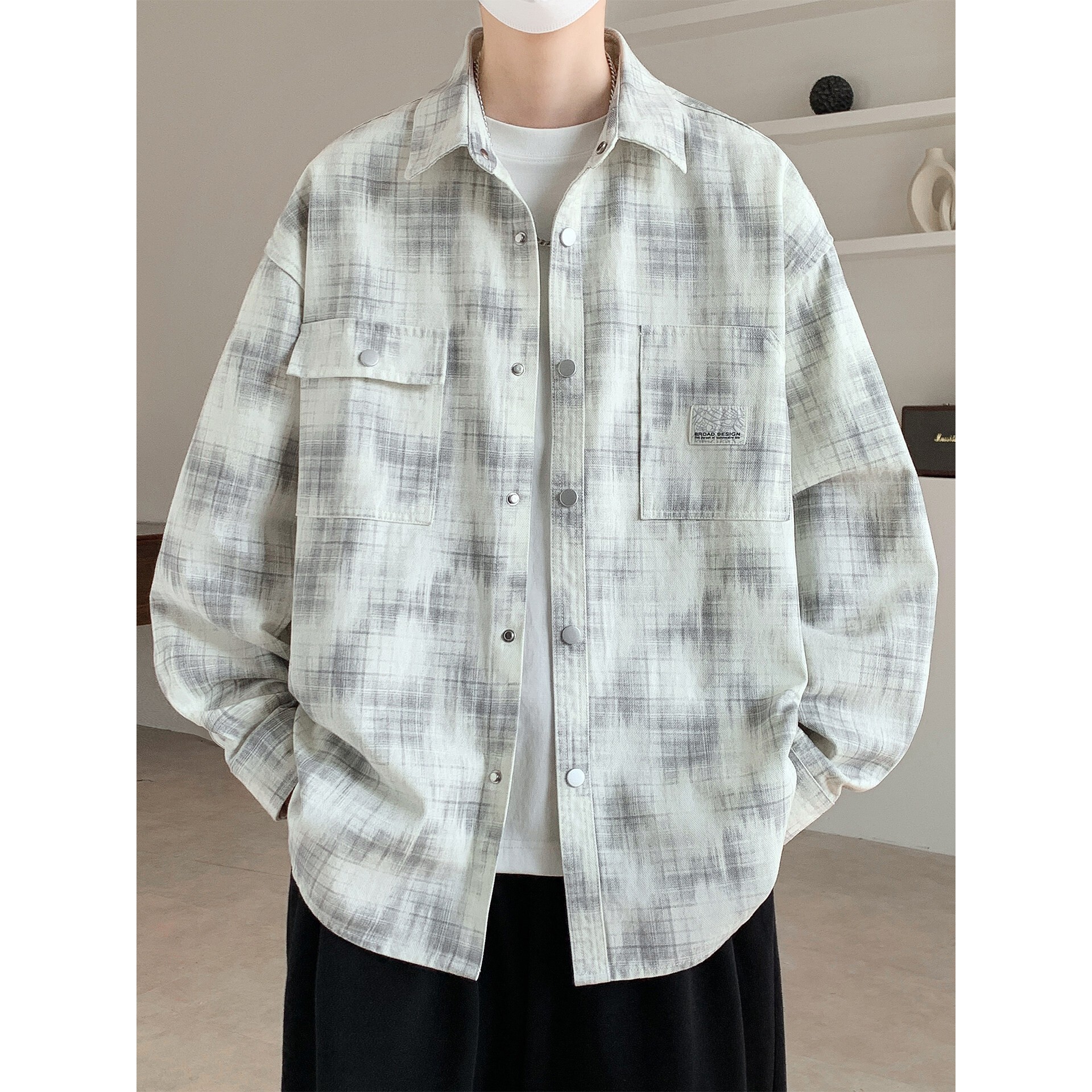 复古格子衬衫外套男春季2026新款宽松翻领夹克男生休闲百搭上衣服