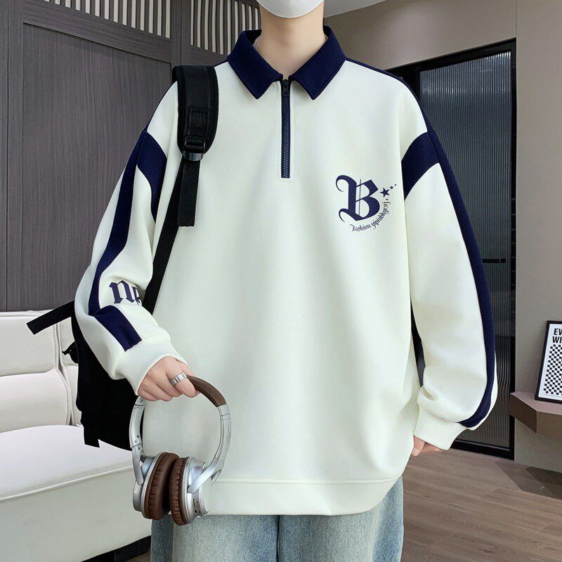 翻领长袖t恤男生春秋季新款青少年宽松polo衫学生大童卫衣男装潮