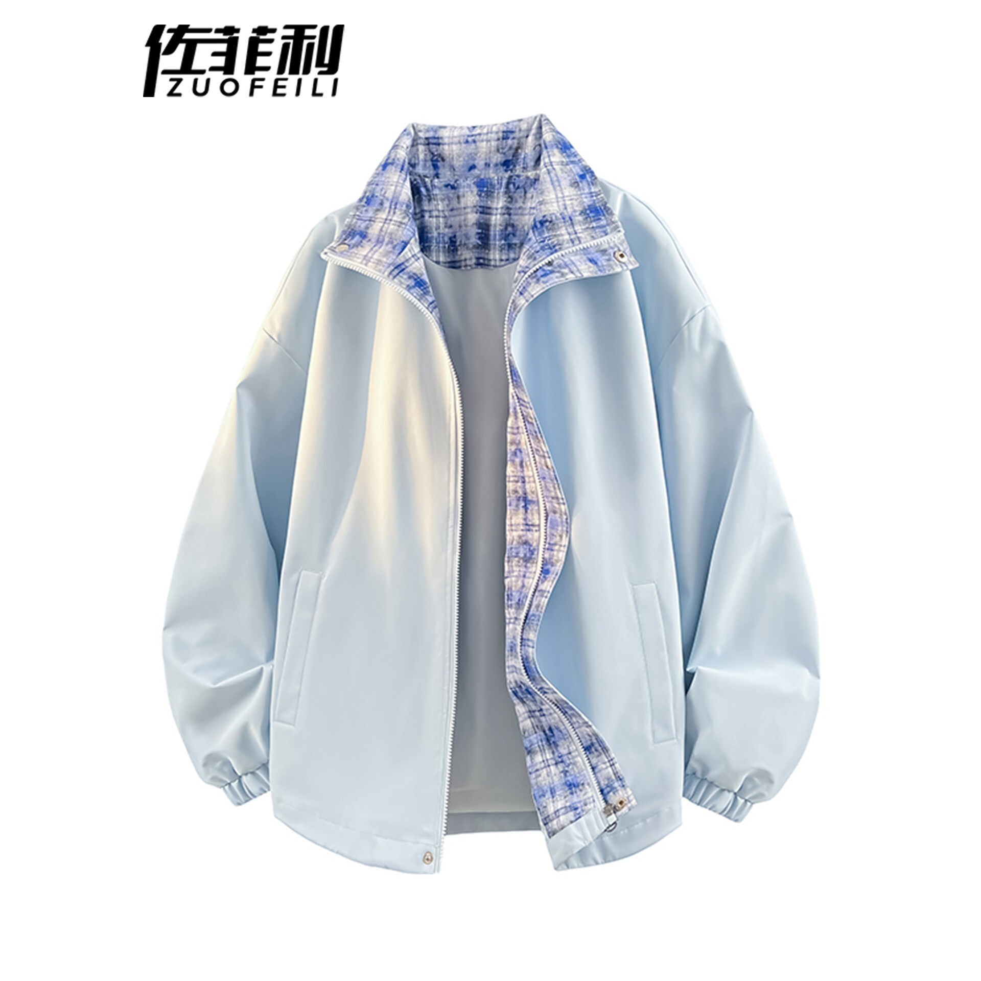 撞色立领夹克男春秋季2026新款潮流百搭格子春装青少年宽松外套男