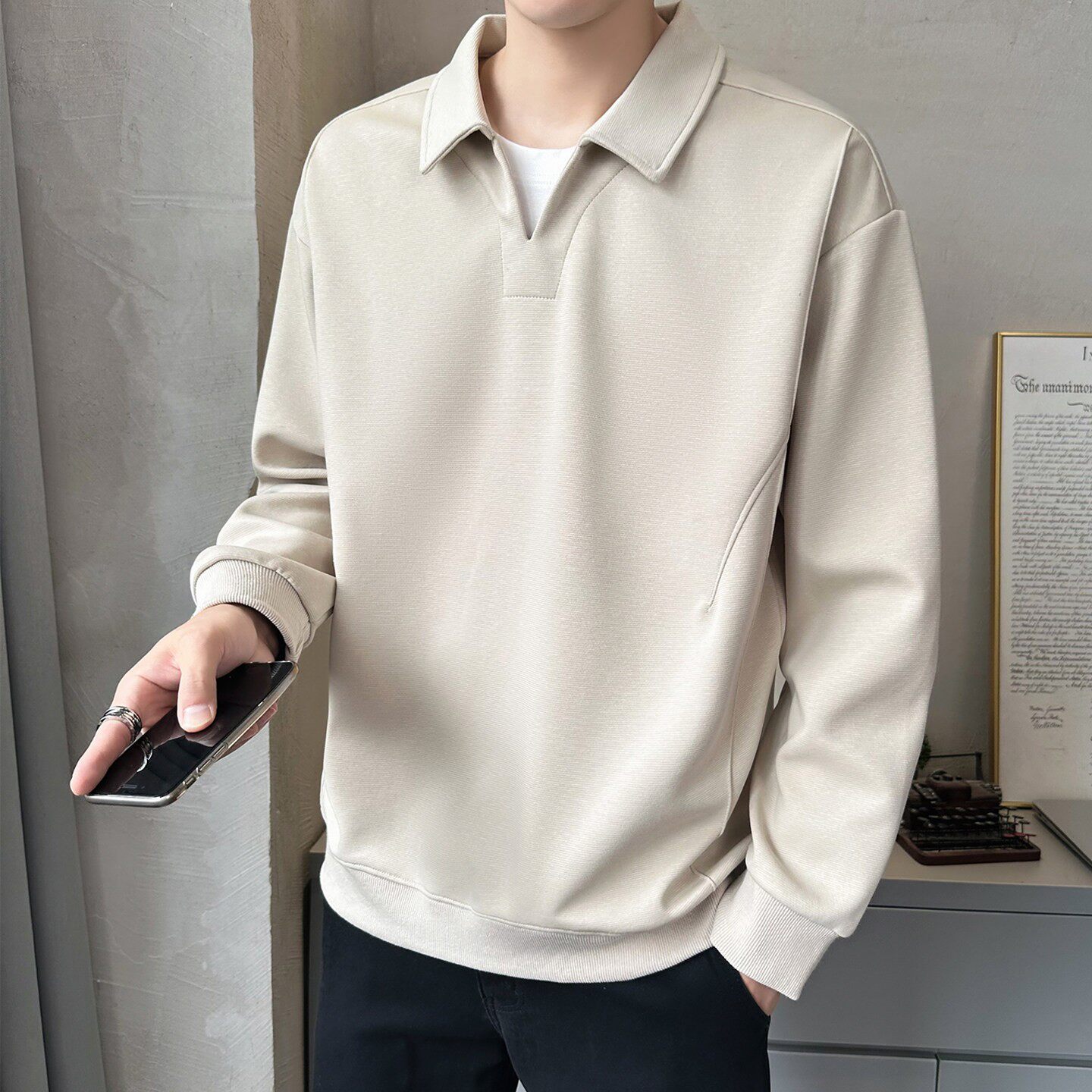 春秋季男装长袖T恤潮牌宽松上衣服高端假两件翻领卫衣男2026新款