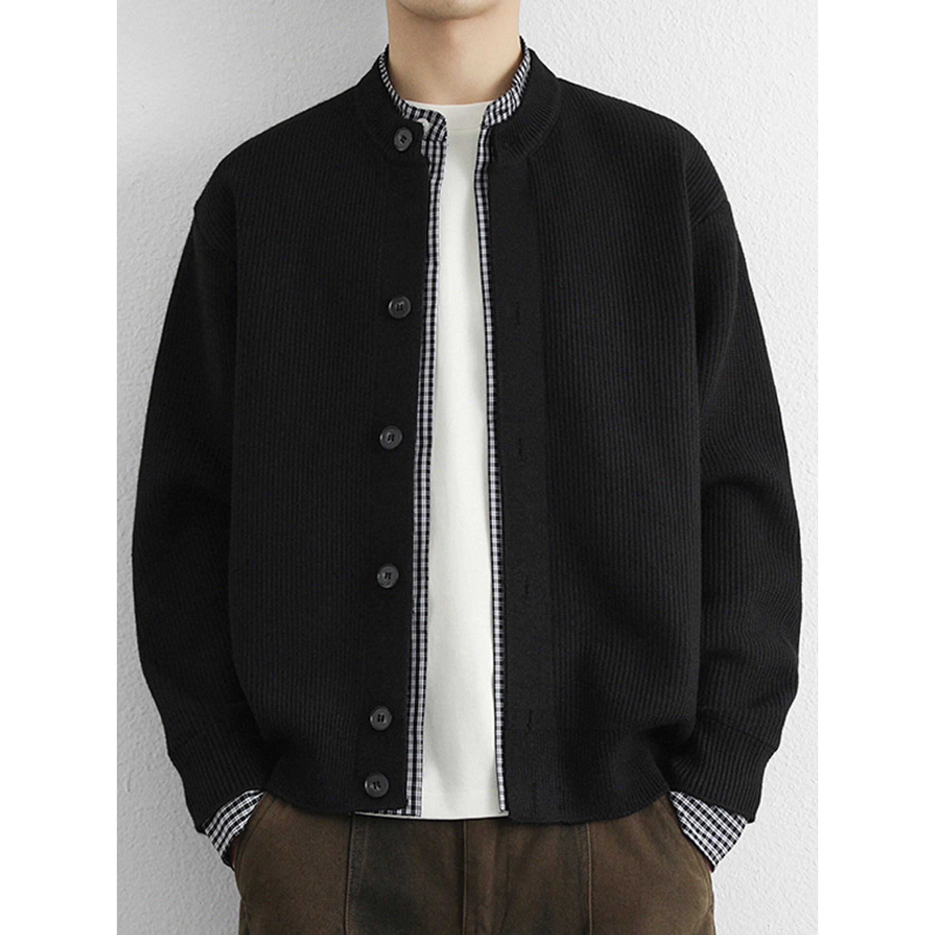 高级感假两件针织开衫外套男春秋季潮牌拼接简约休闲慵懒毛衣夹克