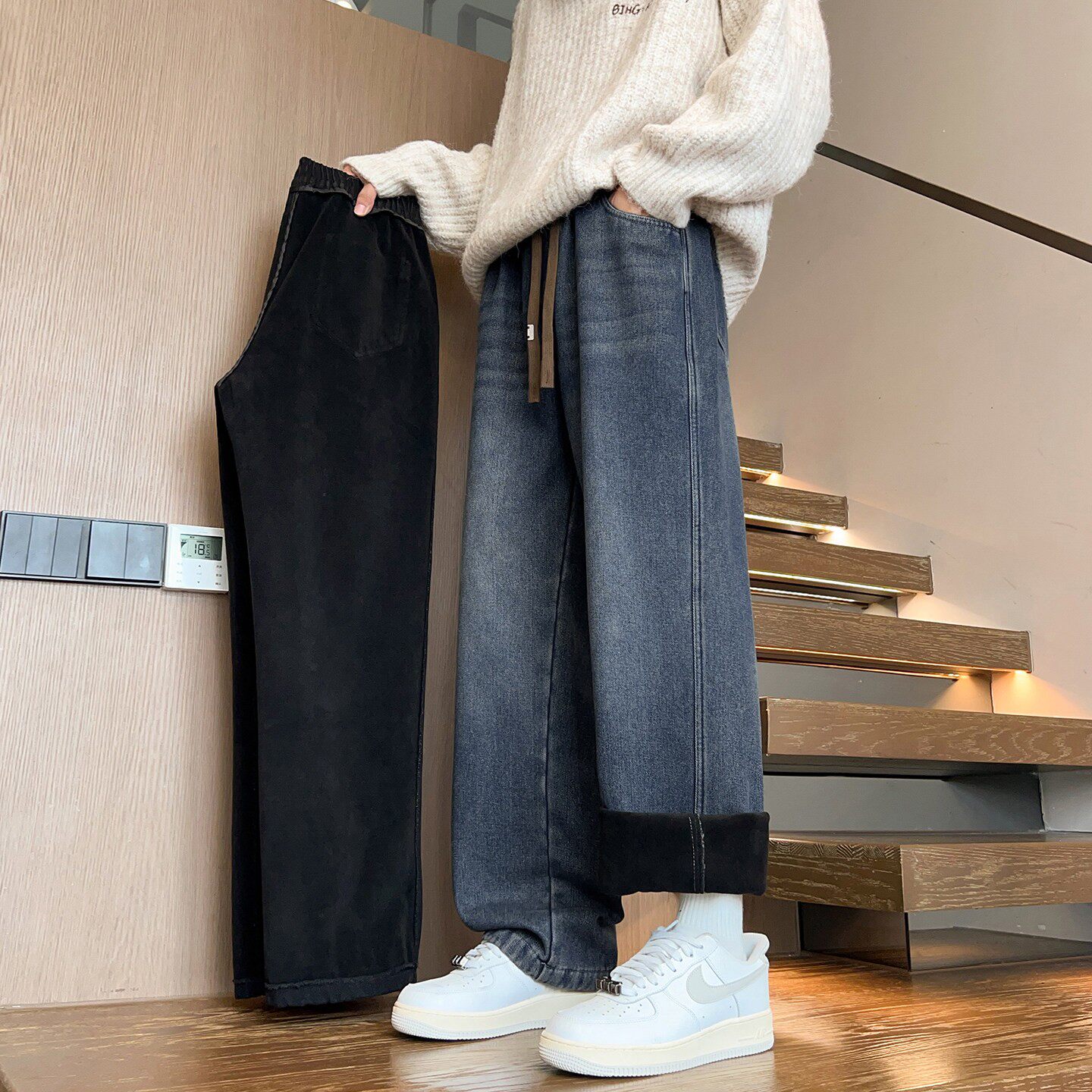 加绒牛仔裤男宽松秋冬季加厚保暖休闲裤子男潮牌美式直筒阔腿长裤