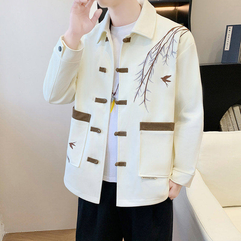 中青年休闲夹克衫复古盘扣装饰外套百搭白色柳条图案唐装中国风男