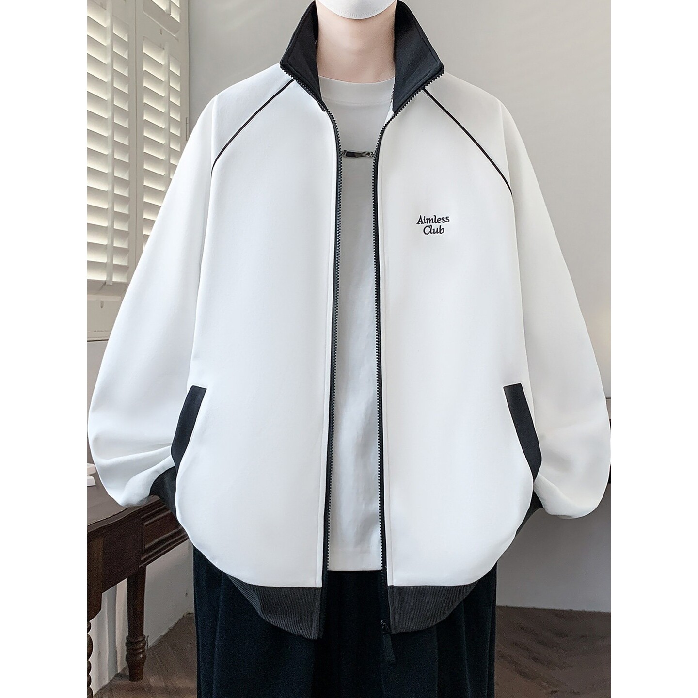 春秋季开衫宽松立领卫衣男士青少年学生潮流帅气时髦外套夹克上衣