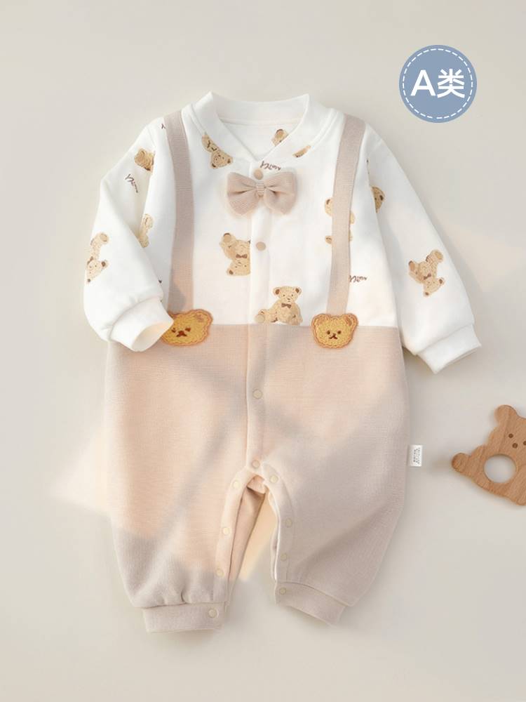 婴儿保暖衣连体衣纯棉新生儿春秋衣服宝宝秋冬三层夹薄棉薄款哈衣