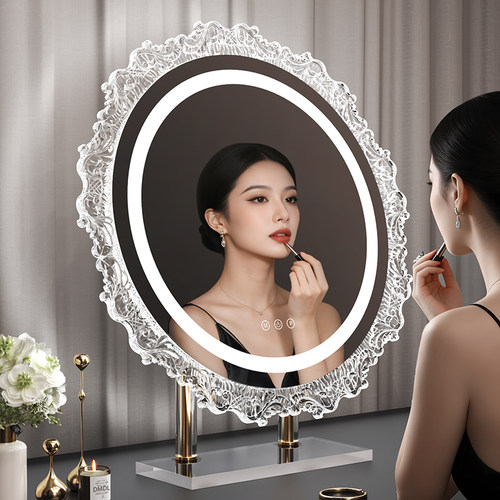 化妆镜带灯异形led化妆台镜子圆形桌面台式化妆镜雕花卧室美妆镜