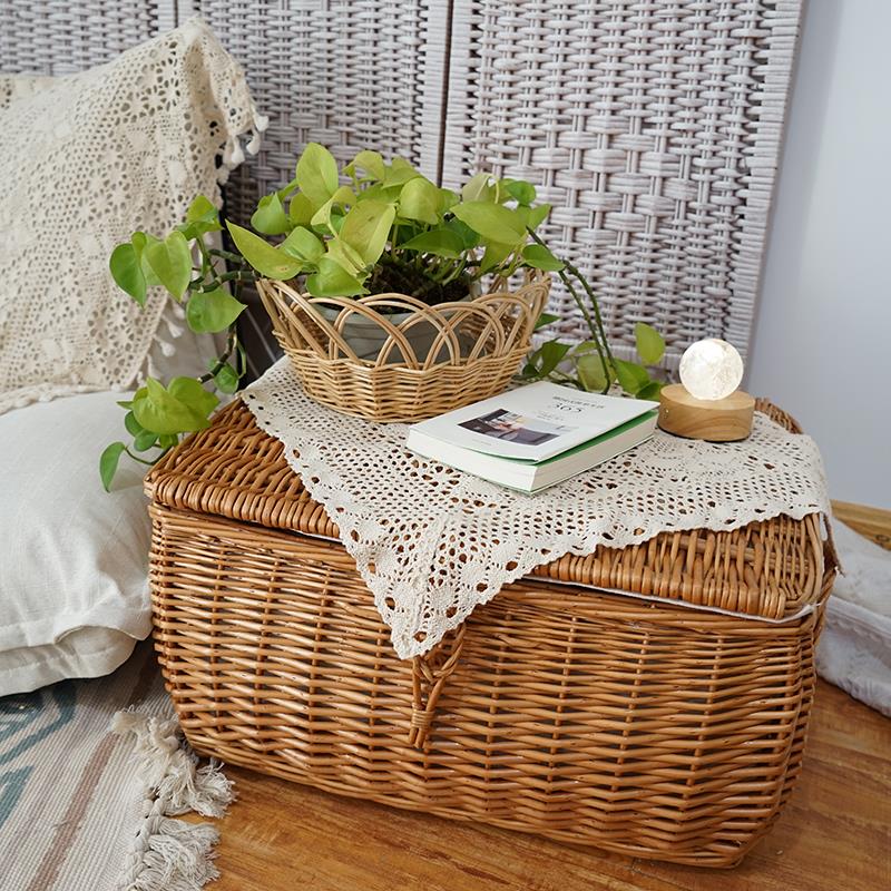 Ins风草编收纳篮筐 懒人沙发边桌 茶几 软装民宿设计款收纳篮筐
