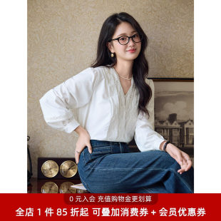 宿本【月光织梦】白色衬衫女法式设感计V领蕾丝衫 春夏泡泡袖上衣