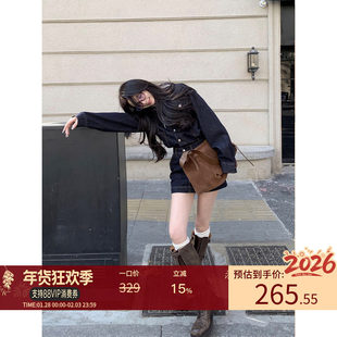 区区欧阳 水洗牛仔衬衫洋装女秋季小个子复古短裙收腰显瘦裙子