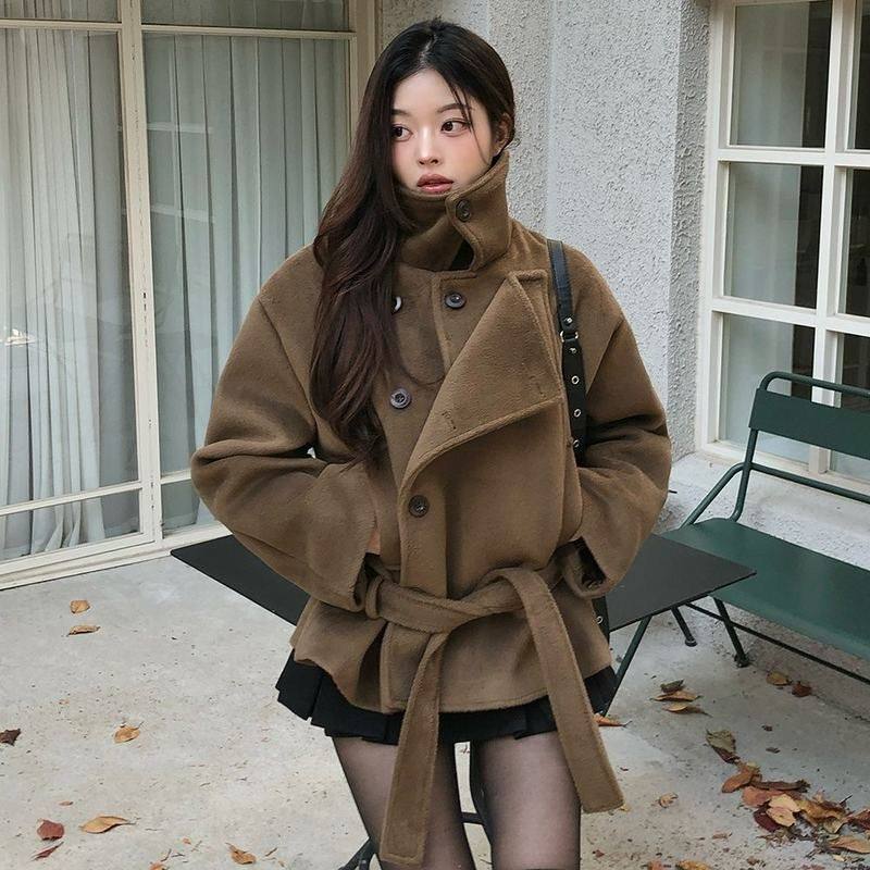 立领慵懒系带毛呢秋冬季2025气质外套复古博主款ins短款韩国大衣,女装/女士精品,毛呢外套,淘宝优惠券,粉丝福利购,淘宝优惠卷