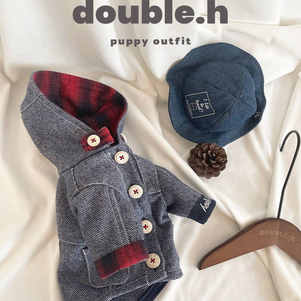 double.h宠物衣服秋冬日系羊毛帽衫外套格子小狗雪纳瑞马尔济斯