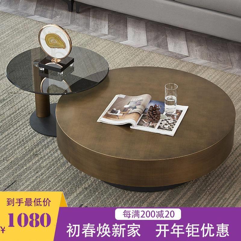 现代简约轻奢茶几小户型圆形不锈钢茶几古铜色极简钢化玻璃茶几