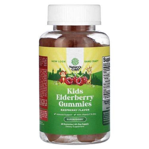 Natures Craft,Kids Elderberry Gummies, Raspberry , 60 Gummie