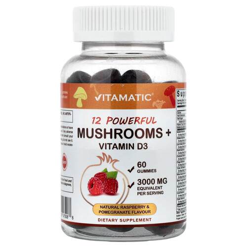 Vitamatic,12 种蘑菇 + 维生素 D3 软糖，天然树莓和石榴味，60