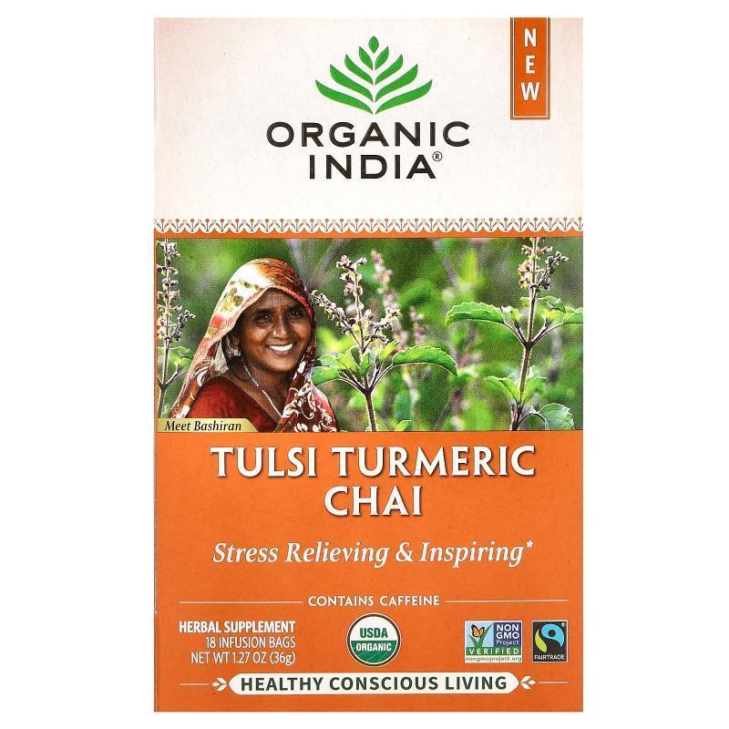 有机印度,Tulsi Turmeric Chai, 18 Infusion Bags, 1.27 oz (36