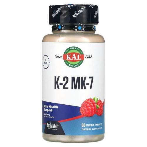 KAL,K-2 MK-7 维生素补充剂，骨骼帮助，树莓味，60 小片