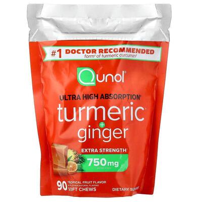 Qunol,Turmeric + Ginger, Tropical Fruit, 90 Soft Chews (375