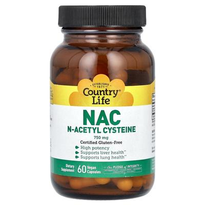 乡村生活,NAC, N-Acetyl Cysteine, 750 mg, 30 Vegan Capsules