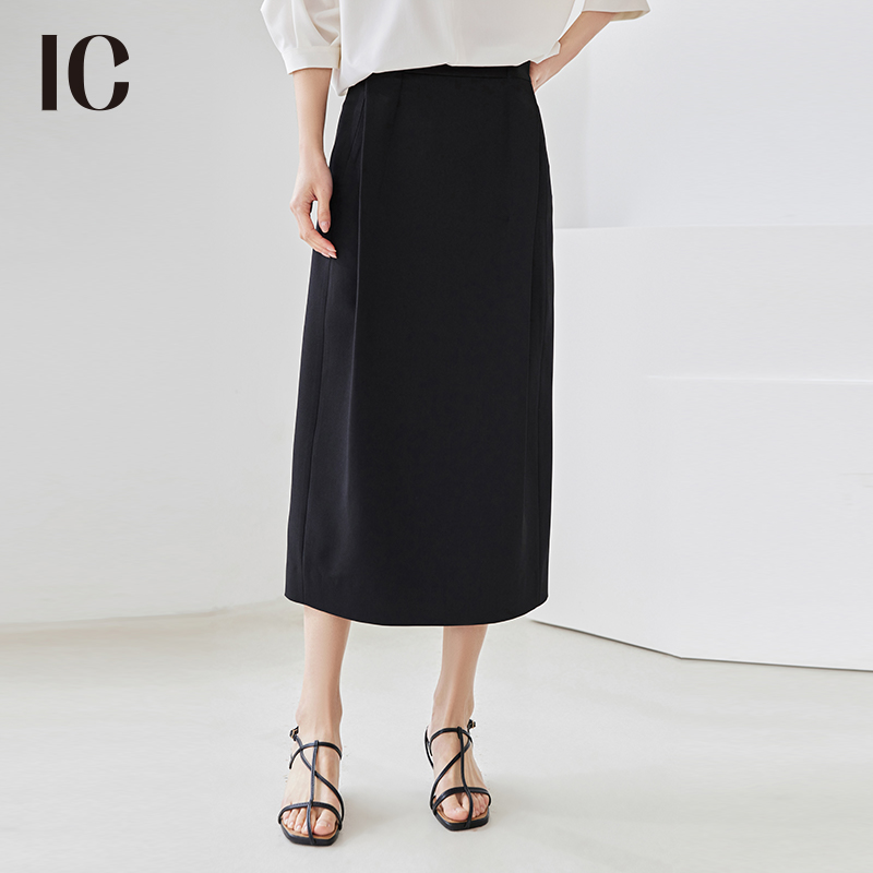 IC 设计感小众后开叉收腰半身裙通勤百搭黑色a字裙高腰直筒中长裙