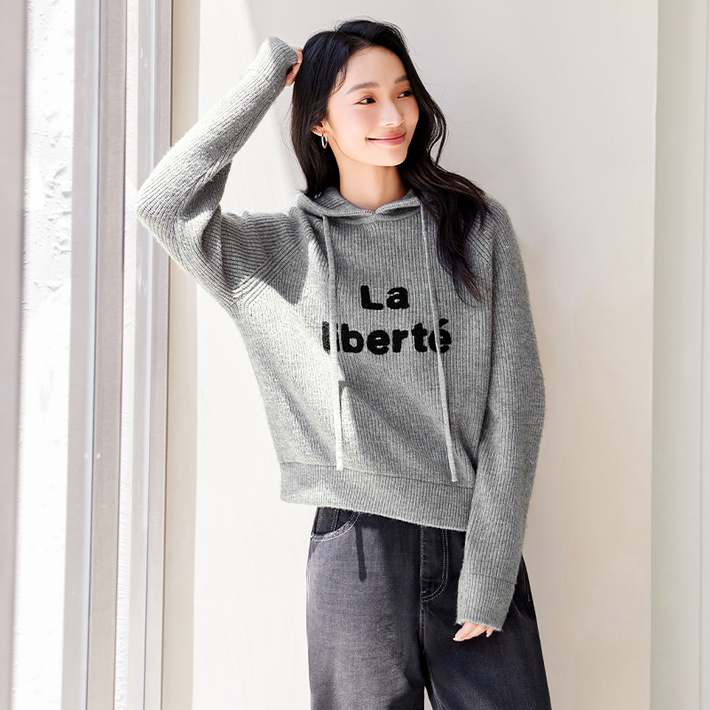 IC 时尚舒适带帽撞色绣花针织卫衣2025新款百搭简约高级感女上衣