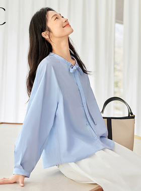 IC早秋设计飘带休闲衬衫女2026新款高级气质休闲百搭通勤宽松上衣
