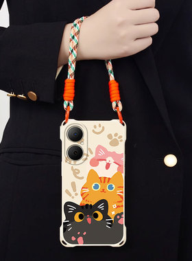 四角挂绳适用华为畅享80手机壳新款Huawei高级感三只猫咪70Pro全包防摔60x硅胶20se支架10软ins风9plus护套