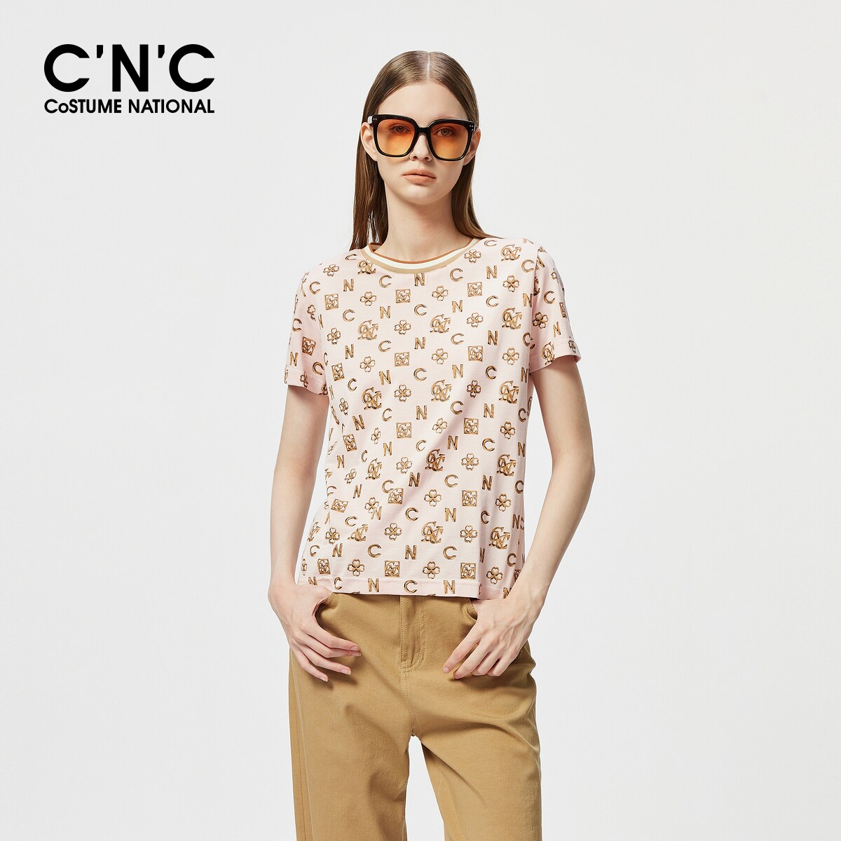 【100%纯棉】CNC女装夏装时尚老花设计圆领百搭修身短袖T恤女