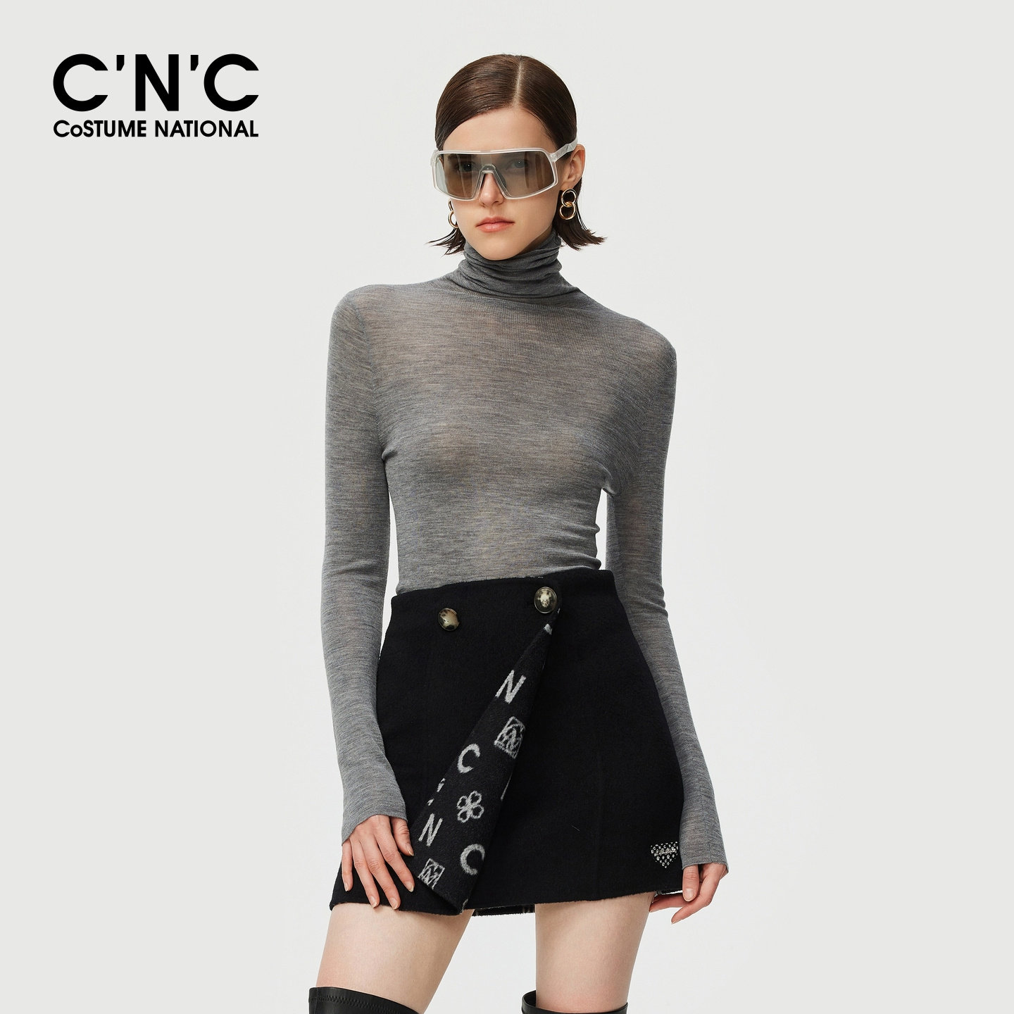 100%羊毛CNC女装气质高领针织打底衫秋冬修身毛衣内搭堆堆领上衣