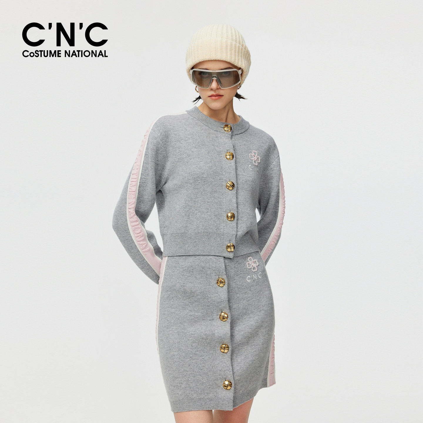 CNC女装袖子条纹织带含羊毛针织开衫秋冬刺绣logo休闲毛衣外套