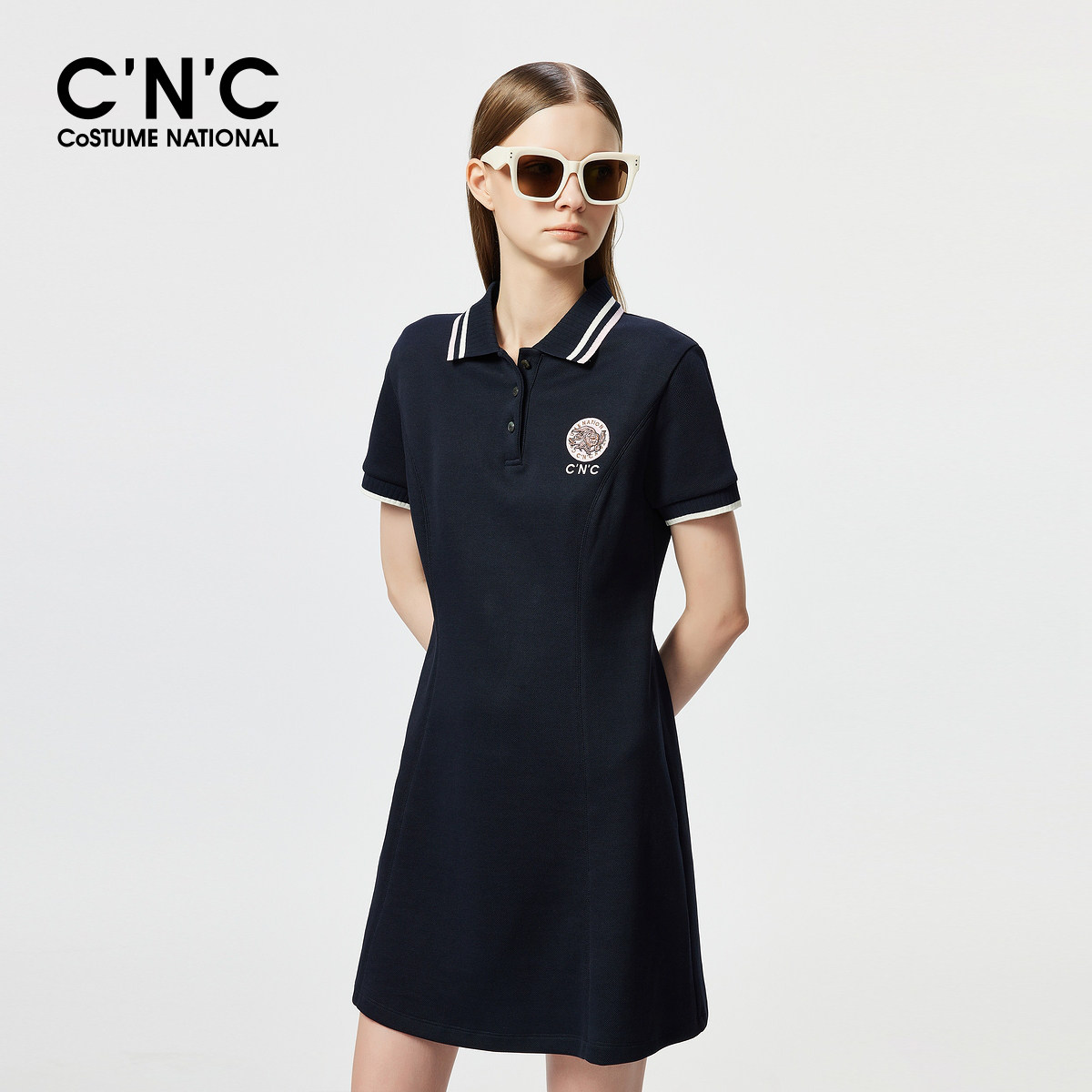 CNC女装年夏季女士学院风短袖polo收腰显瘦连衣裙