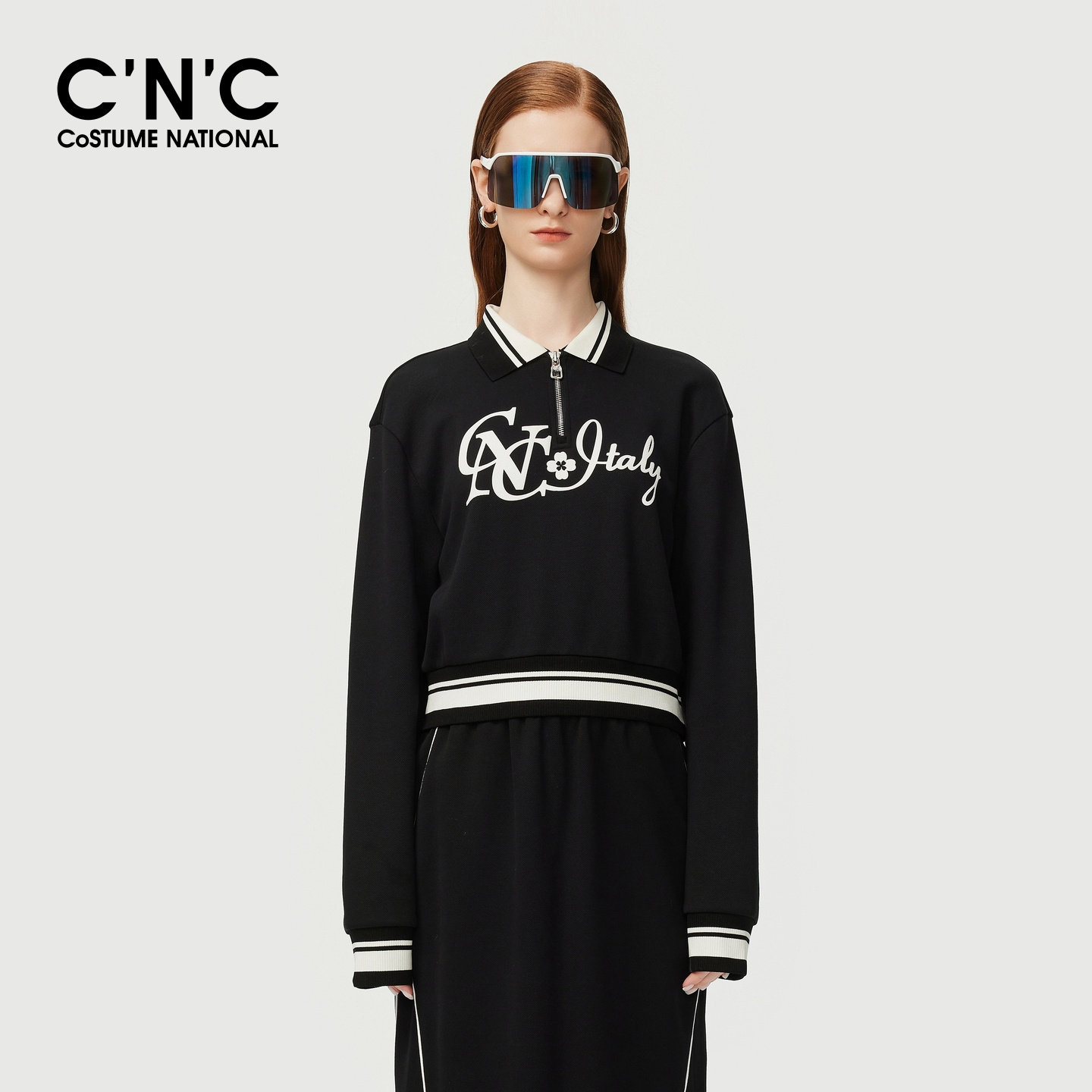 CNC女装美式半拉链翻领休闲卫衣秋冬运动字母印花撞色下摆上衣