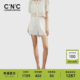 阔腿白色蕾丝刺绣花边休闲短裤 CNC女装 高腰薄款 新款 女 2024夏季