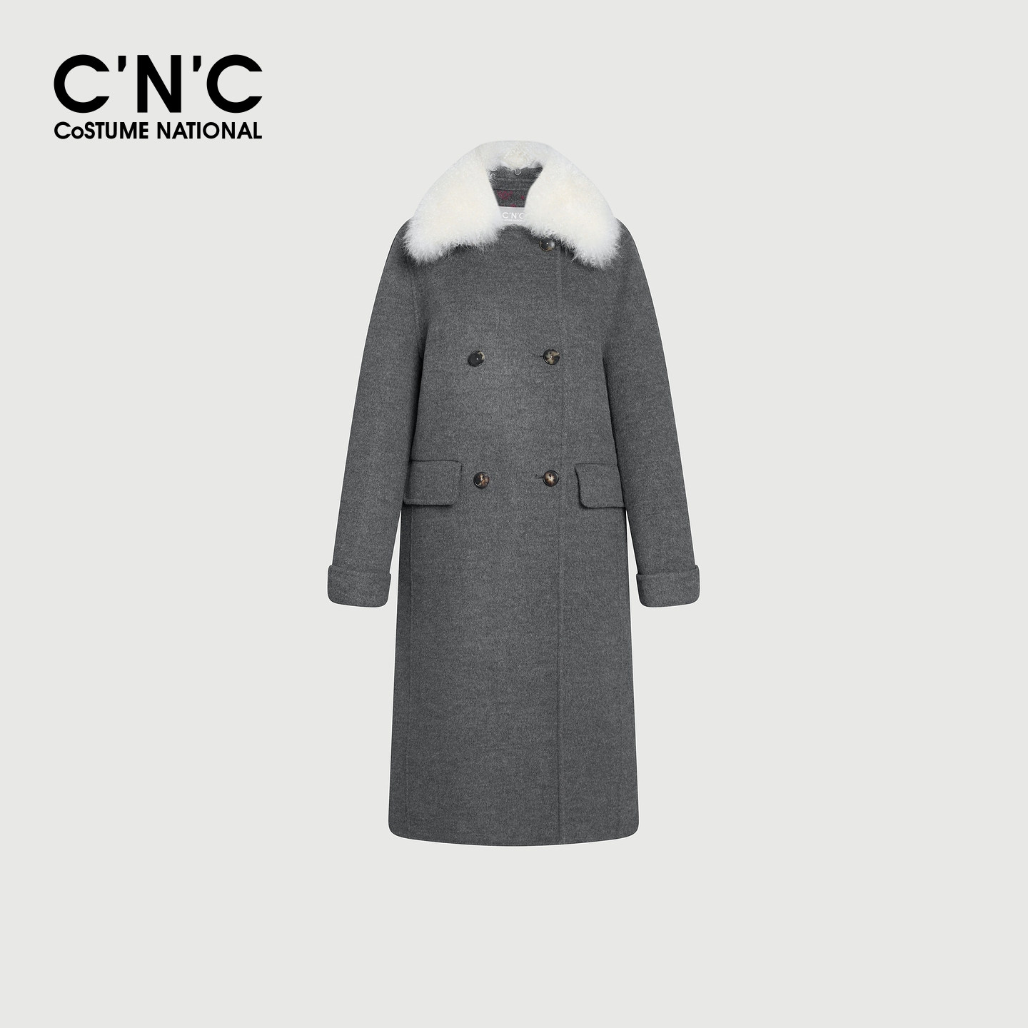 CNC毛领灰色100%羊毛双面呢大衣