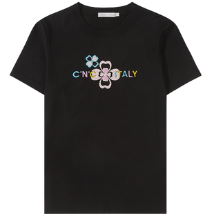 C'N'C意大利品牌女装夏季新品重工立体钉珠黑色正肩短袖t恤女