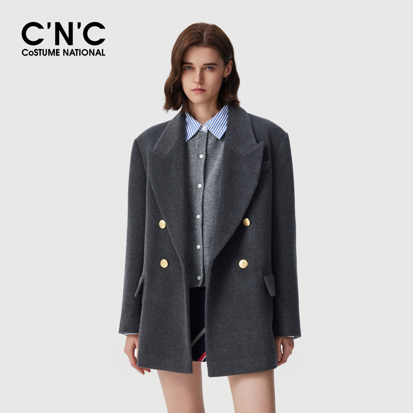 CNC灰色100%羊毛西装款毛呢大衣