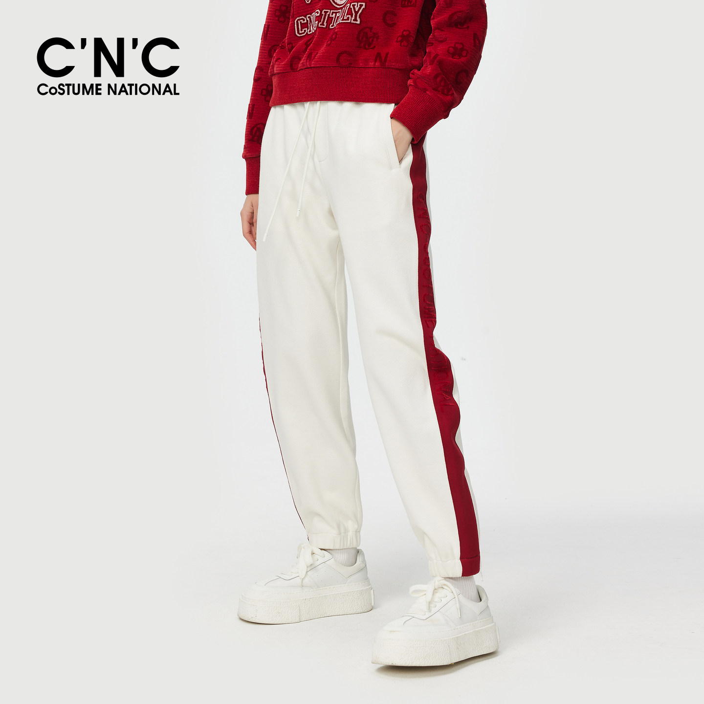 CNC女装侧边红色条纹抽绳裤腰卫裤秋冬宽松束脚运动裤百搭休闲裤