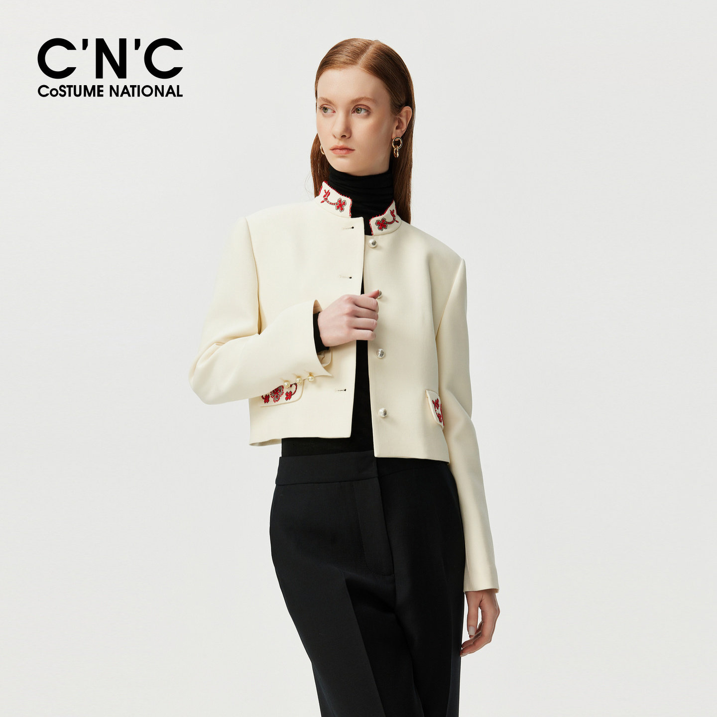 CNC女装新中式国风短外套女秋冬钉珠刺绣立领珍珠单排扣短款上衣