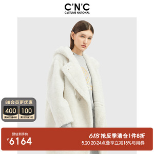 CNC女装 白色连帽毛呢大衣女2023新款冬季加厚轻奢泰迪皮草外套