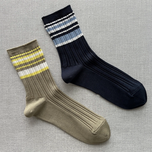 外贸袜子女小众轻奢中筒袜女横杠时尚竖条纹丝潮流外穿丝光女袜潮