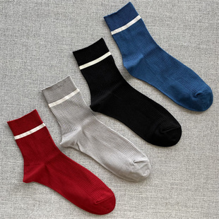 外贸袜子女小众轻奢中筒袜女薄款春秋夏横杠条纹文艺时尚小腿女袜