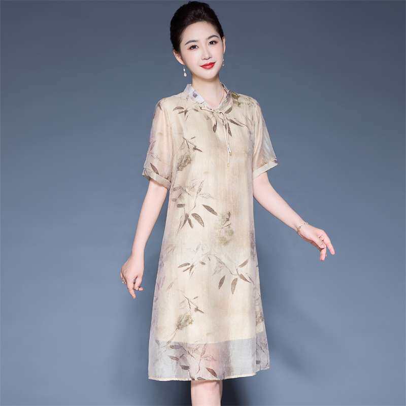 声雨竹夏季新款桑蚕丝连衣裙女中老年妈妈装重磅真丝印花新中式裙