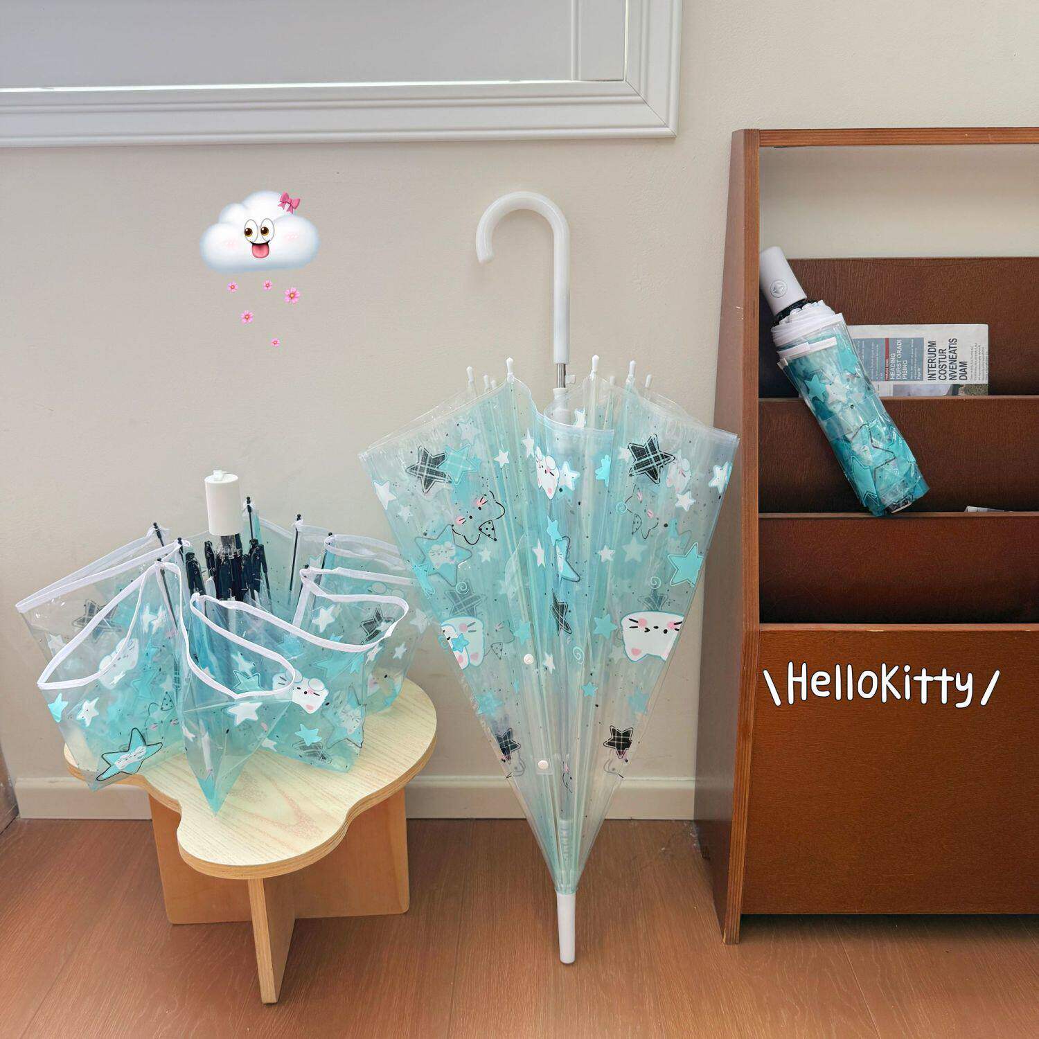 卡通猫咪星星儿童雨伞高颜值自动透明长柄折叠女生学生上学专用伞