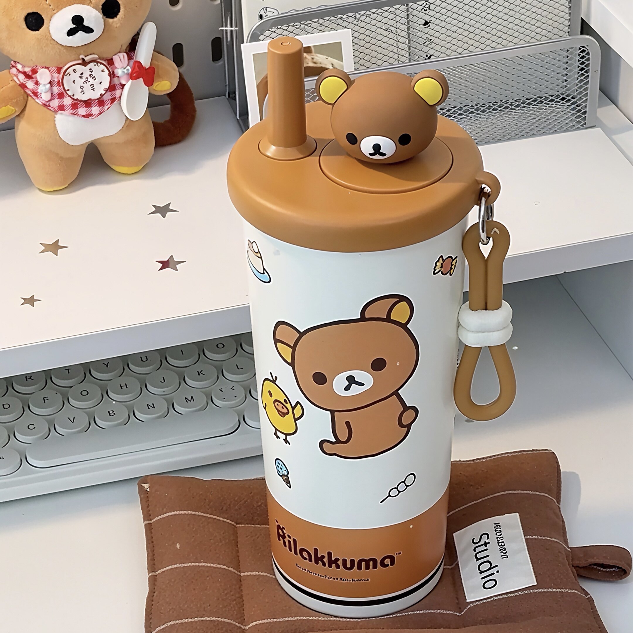 轻松小熊吸管保温杯女生高颜值茶水分离不锈钢水杯学生大容量杯子