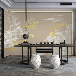 线条山水楼阁建筑背景墙壁纸客厅沙发卧室墙布浮雕壁画 轻奢新中式