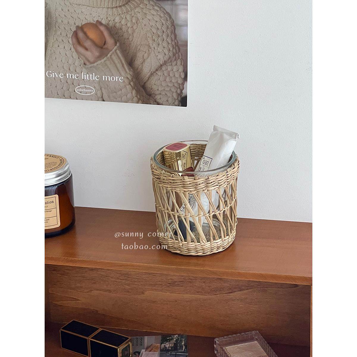 草编多功能化妆刷收纳筒桌面文具笔筒圆柱形手工编织玻璃收纳桶