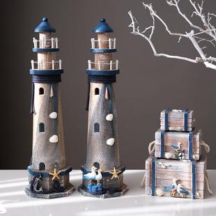 地中海风格灯塔木质做旧木塔海洋风组合灯塔摆件桌面复古装饰摆设