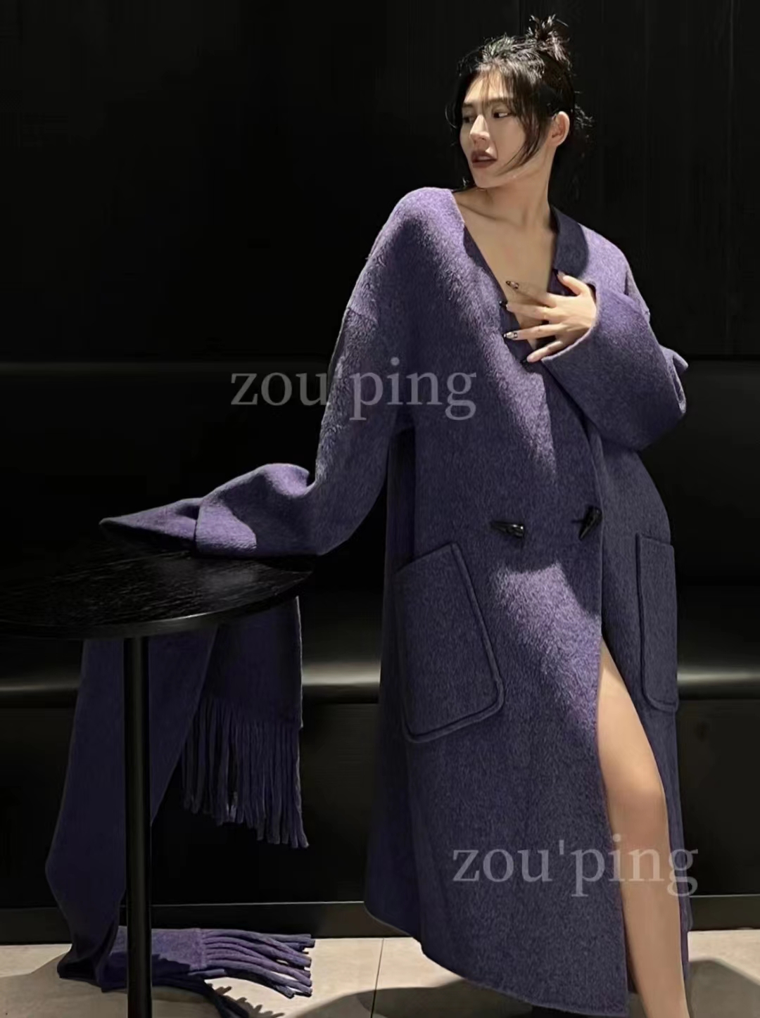 zouping设计师原创女装品牌2023秋冬中长款羊毛围巾大衣