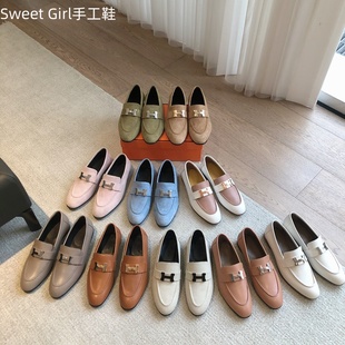 浅口四季乐福皮鞋女英伦复古经典H扣单鞋平底一脚蹬牛皮翻毛皮鞋